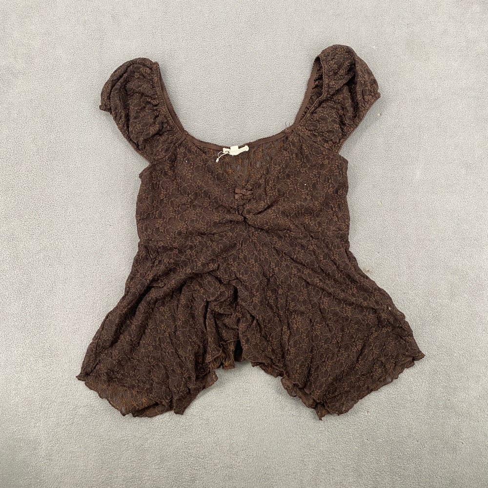 Hype Brown Lace Babydoll Top Y2K Floral Sheer Cap Sleeve HT12670-BRN Large